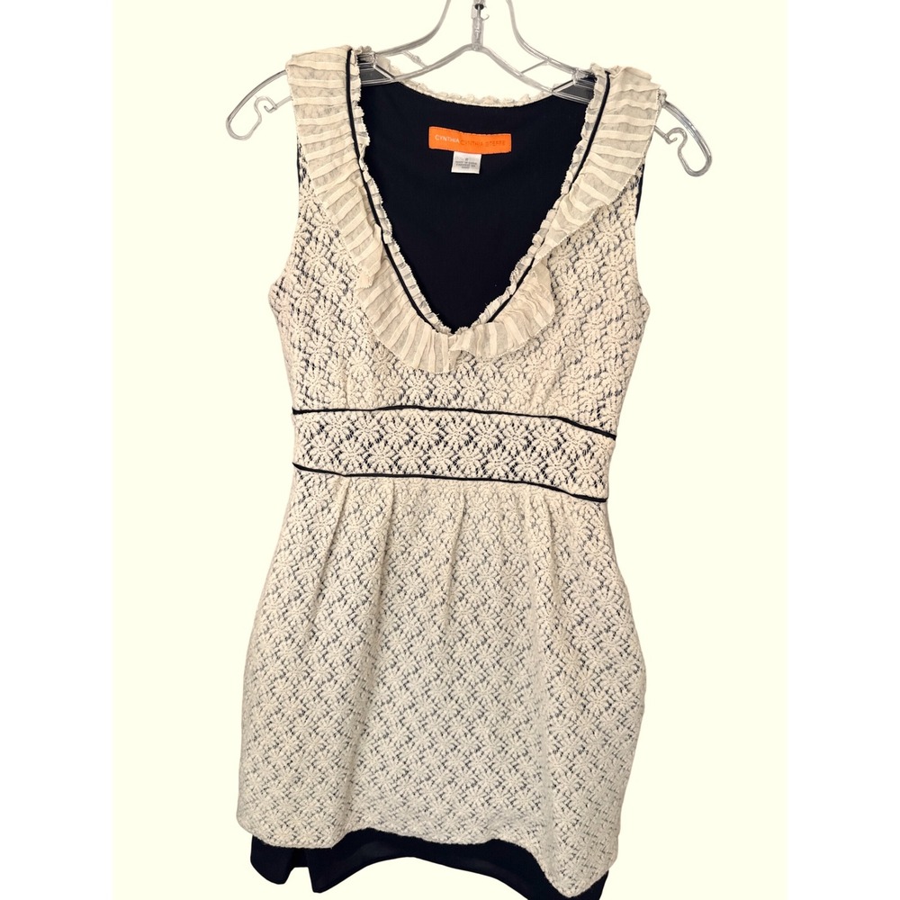 vintage Cynthia Cynthia Steffe ivory lace‎ mini dress black lining trim boho 6